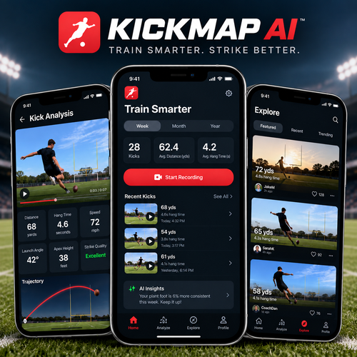 KickMap AI app screens with Train Smarter. Strike Better. tagline